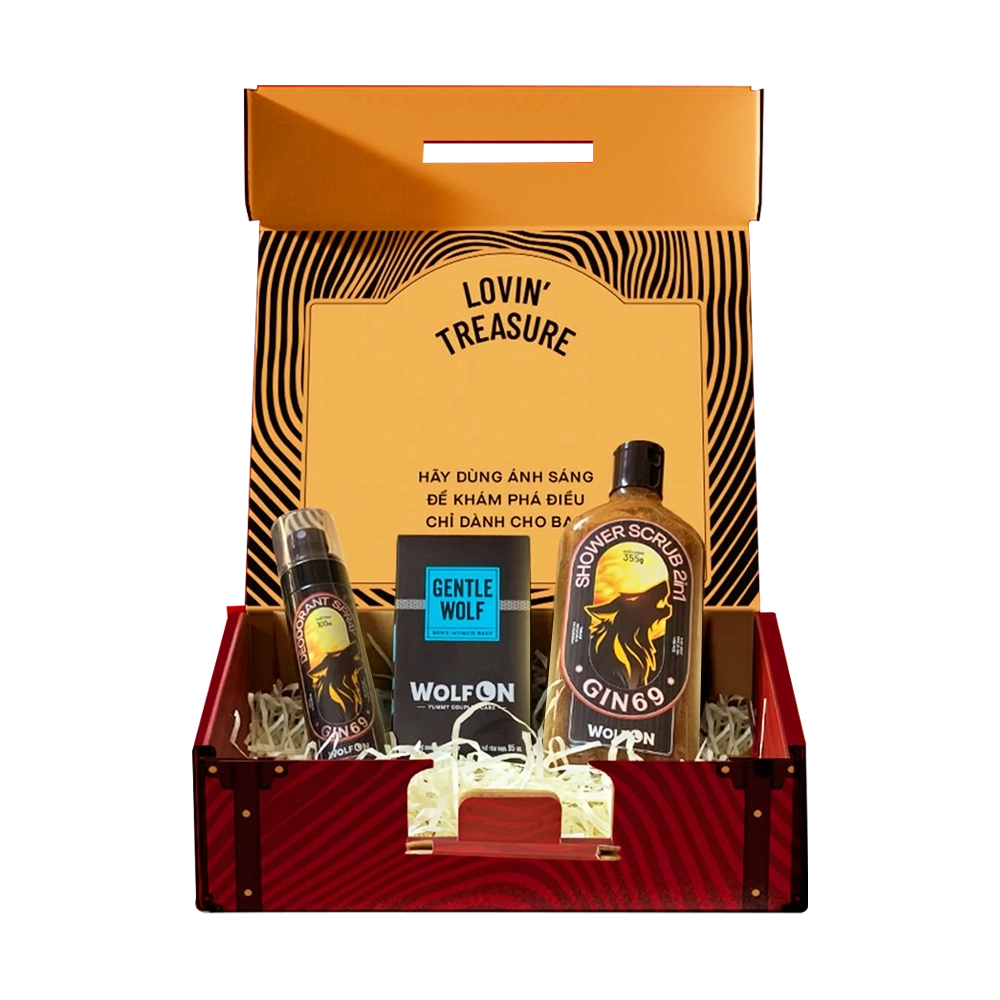 Bộ Sản Phẩm Dành Cho Nam Giới Wolf ON Box LOVIN' TREASURE - Sữa Tắm Tẩy Tế Bào Chết 350ml, Xịt Khử Mùi Nam 100ml, Dung Dịch Vệ Sinh Nam 95ml