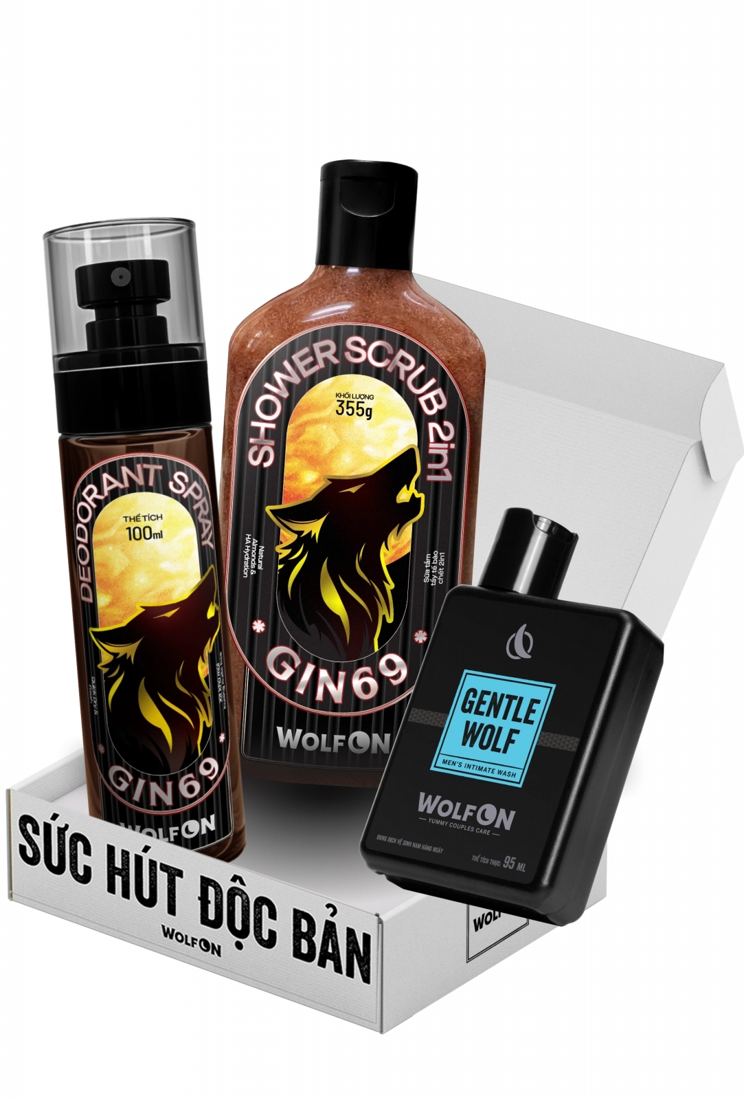 Bộ Sản Phẩm Dành Cho Nam Giới Wolf ON Box Deep Shot - Sữa Tắm Tẩy Tế Bào Chết 350ml, Xịt Khử Mùi Nam 100ml, Dung Dịch Vệ Sinh Nam 95ml