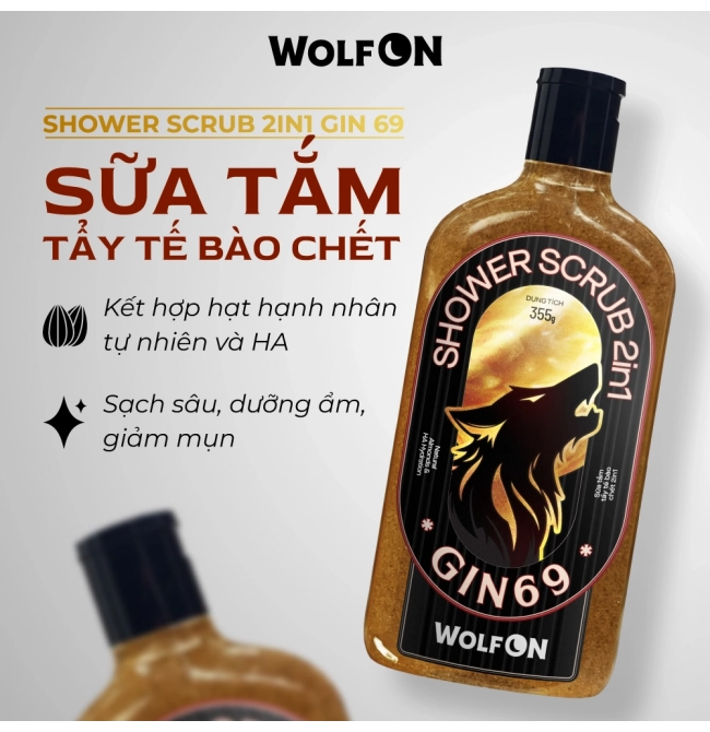 Sữa Tắm Nam Giới 2IN1 Tẩy Tế Bào Chết Wolf ON Shower Scrub Gin 69 Sạch Sâu, Mịn Da, Giảm Mụn 350ml