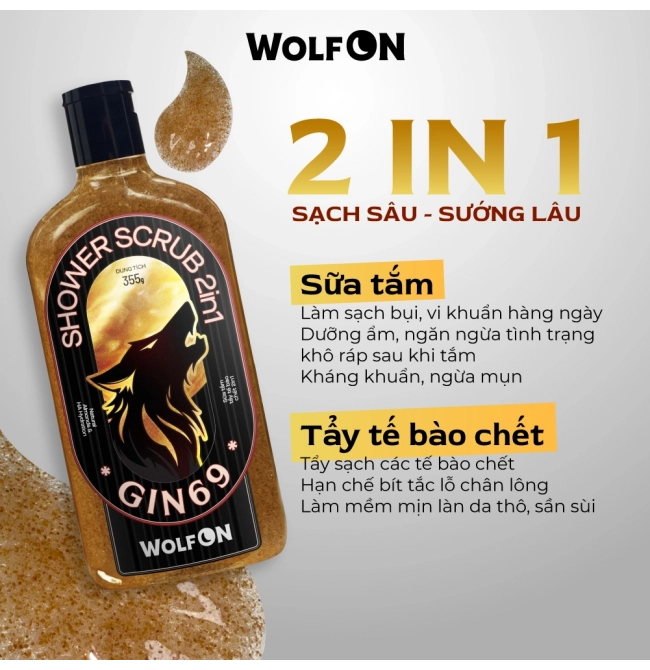 Sữa Tắm Nam Giới 2IN1 Tẩy Tế Bào Chết Wolf ON Shower Scrub Gin 69 Sạch Sâu, Mịn Da, Giảm Mụn 350ml