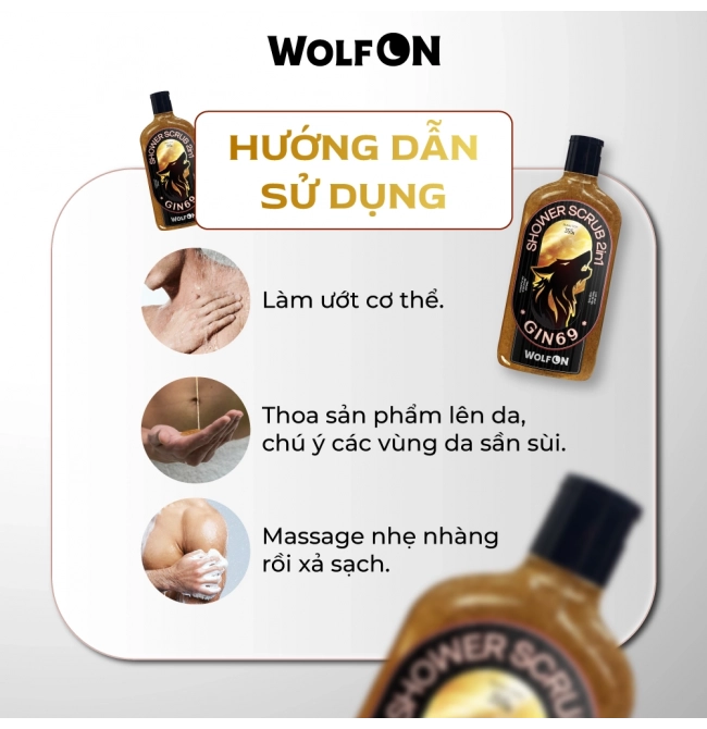 Sữa Tắm Nam Giới 2IN1 Tẩy Tế Bào Chết Wolf ON Shower Scrub Gin 69 Sạch Sâu, Mịn Da, Giảm Mụn 350ml