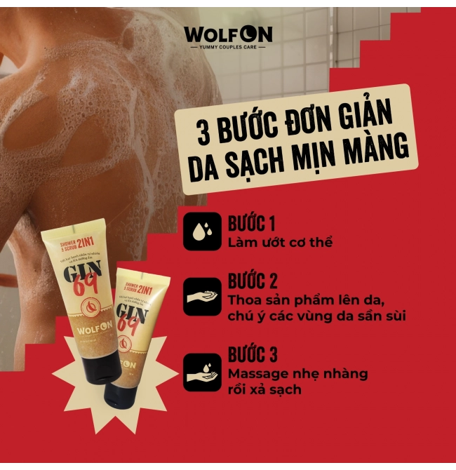 Sữa Tắm Nam Giới 2IN1 Tẩy Tế Bào Chết Wolf ON Shower Scrub Gin 69 Sạch Sâu, Mịn Da, Giảm Mụn 50ml, 350ml