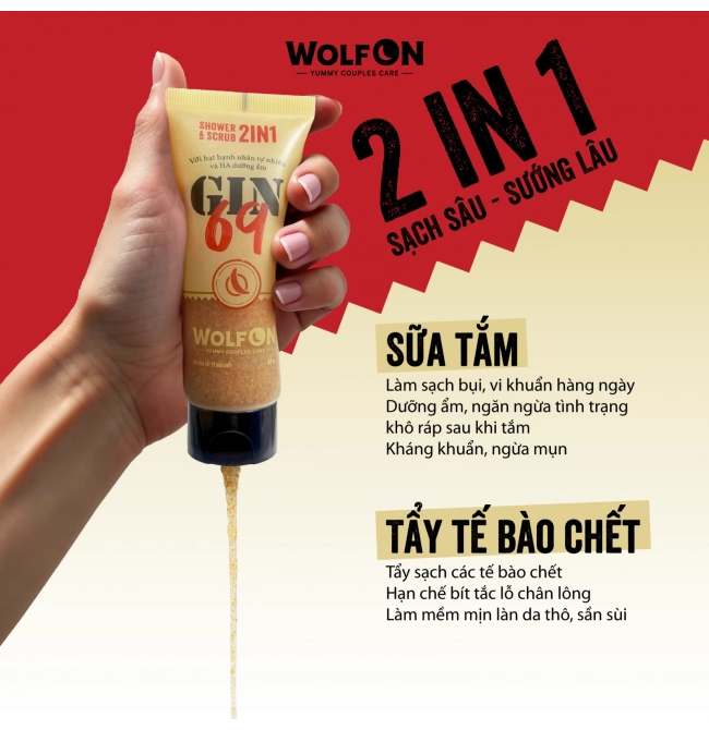 Sữa Tắm Nam Giới 2IN1 Tẩy Tế Bào Chết Wolf ON Shower Scrub Gin 69 Sạch Sâu, Mịn Da, Giảm Mụn 50ml, 350ml