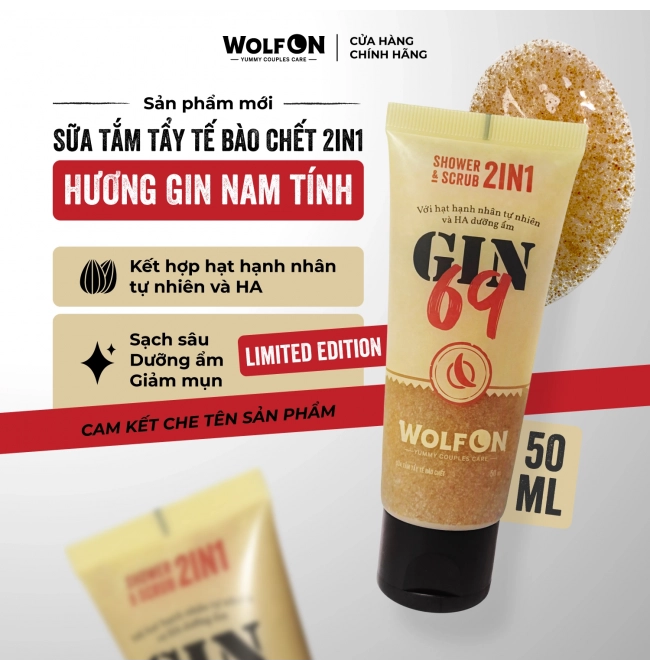Sữa Tắm Nam Giới 2IN1 Tẩy Tế Bào Chết Wolf ON Shower Scrub Gin 69 Sạch Sâu, Mịn Da, Giảm Mụn 50ml, 350ml