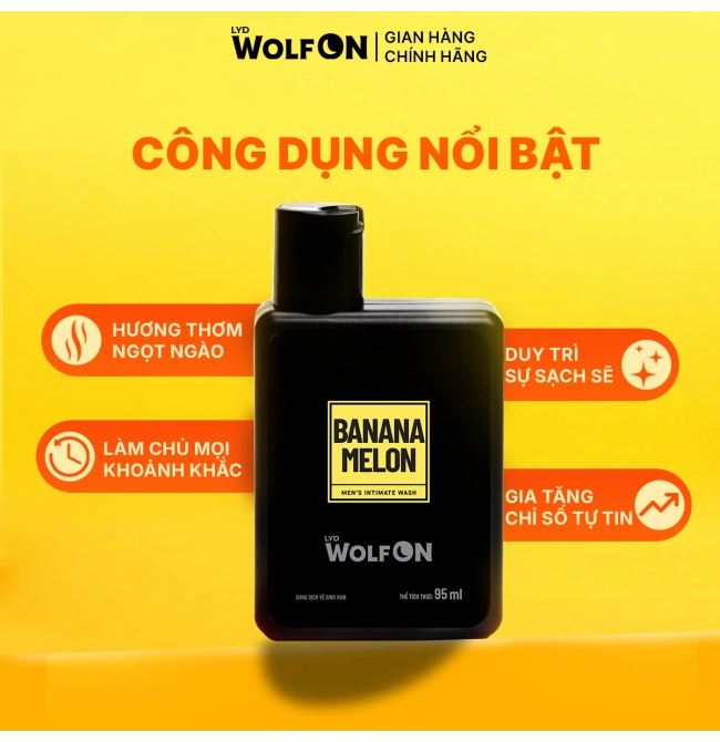 Dung Dịch Vệ Sinh Nam Giới, LYD Wolf On Hương Chuối Melon Tươi Mát Cuốn Hút, chai 95ml, 150ml