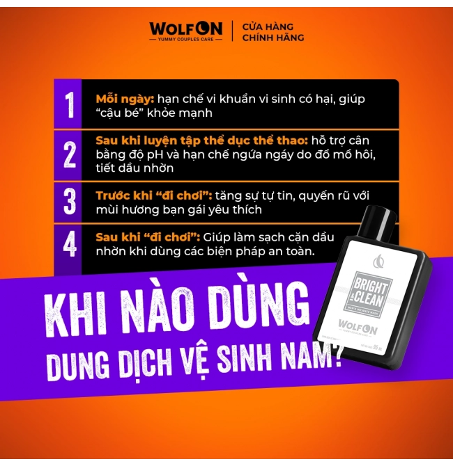 Dung Dịch Vệ Sinh Nam Giới Wolf ON Bright & Clean Dưỡng Sáng 1% Niacinamide Sạch Thơm Nam Tính 95ml