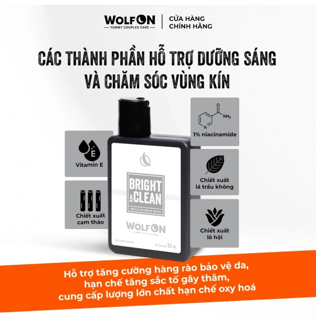 Dung Dịch Vệ Sinh Nam Giới Wolf ON Bright & Clean Dưỡng Sáng 1% Niacinamide Sạch Thơm Nam Tính 95ml