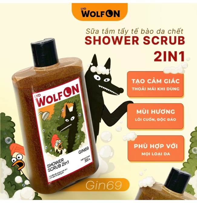 Sữa Tắm Nam Giới 2IN1 Tẩy Tế Bào Chết LYD Wolf ON Shower Scrub Gin 69 Sạch Sâu, Mịn Da, Giảm Mụn 350ml