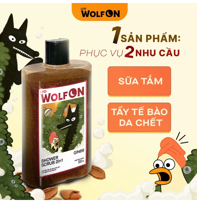 Sữa Tắm Nam Giới 2IN1 Tẩy Tế Bào Chết LYD Wolf ON Shower Scrub Gin 69 Sạch Sâu, Mịn Da, Giảm Mụn 350ml